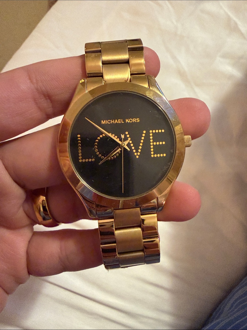 Michael Kors Gold Tone Black Dial "LOVE" Bracelet Watch